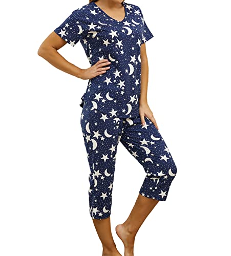 Image of PNAEONG Women Pajama Set Sleepwear Tops with Capri Pants Casual and Fun Prints Pajama Sets