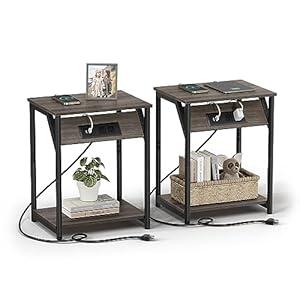 VASAGLE End Table with Charging Station, Set of 2, Small Side Tables for Living Room, Bedroom, Nightstand with Outlets and USB Ports, Bedside Table with Storage Shelf, Chestnut Brown and Black