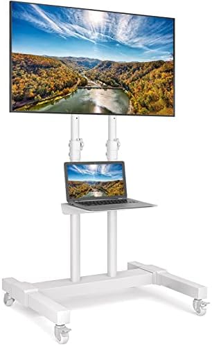 Rfiver Mobile TV Stand Rolling Cart with Tilt Mount/Locking Wheels for 40-83 Inch Flat Screen/Curved TVs up to 110lbs, Portable Floor Stand with Laptop Shelf, Height Adjustable, White