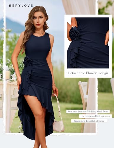 Image of BeryLove Formal Mesh Sexy Ruched Bodycon Midi Dresses Elegant Sleeveless Ruffle Hem Cocktail Party Summer Dress 7090 Navy M