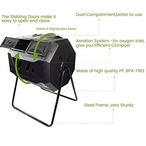SQUEEZE master Large Compost Tumbler Bin -Outdoor Garden Rotating-Dual Compartment - Better Air Circulation Efficient Compost- BPA Free-Sturdy Steel Frame - 43Gallon (2-21.5Gal)- Black Door