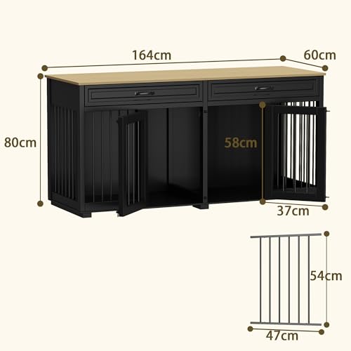Hundekäfig für Zuhause, Eisen Hundebox,Hundebox XXL,Hundehütte Hundekiste für den Innenbereich,PB-Brett + Bügeleisen mit 2 Türen 164 x 80 x 60 cm, Metall, Schwarz + Braun