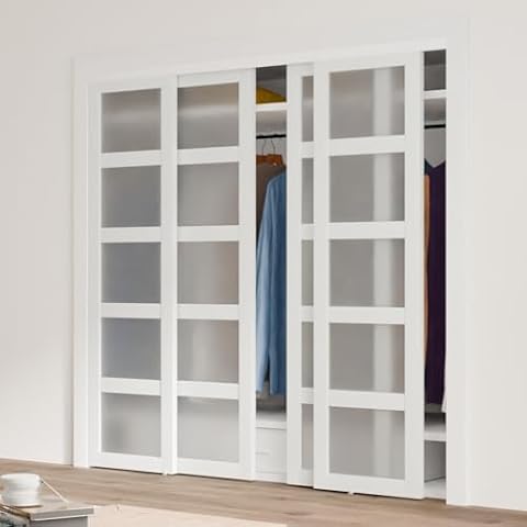 ARKHJEM Double Sliding Closet Door, 96" × 80"(Double 48" × 80"), Double Frosted 5 Panel Glass Sliding Door, Hardware Include, Pre-Drilled Door Panel Need to Assemble, MDF, White Cover