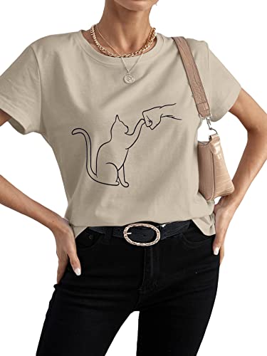 Cat Figure Graphic Short Sleeve Crew Neck Tee T-Shirt