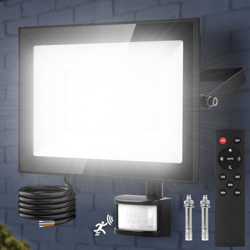 Viugreum 100W Faretto LED per Esterno con Sensore di Movimento 10000LM Bianco Freddo Faro LED Esterno IP65 Impermeabile LED Spotlight con Telecomando e Timer per Giardino Garage