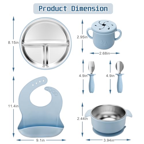 Stainless Steel Kids Plates and Bowls Set with Suction, Divided Baby Plate and Toddler Bowl with Removable Silicone Suction,Stainless Steel Weaning Bundle, Silicone Baby Feeding Set (Blue) by MISSLILI - Image 2