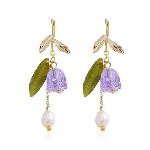 Violet Bell Orchid Pearl Stud Earrings for Women Simple Bell Orchid Flower Tassel Dangle Drop Earrings Wedding Party Daily Jewelry Gifts