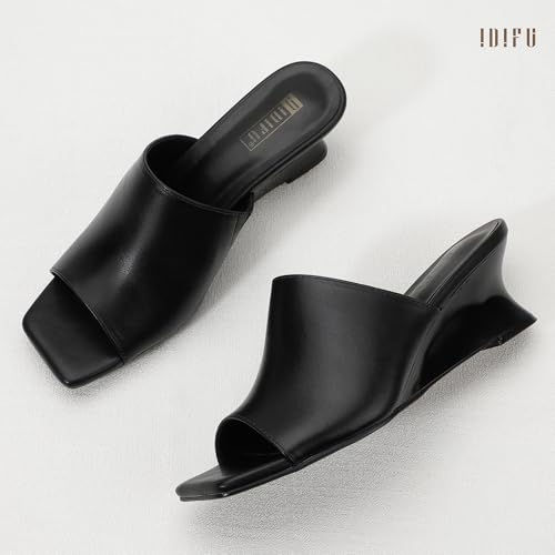 IDIFU IN2 Wedge Sandals for Women Dressy Low Mule Heels Short Square Open Toe Backless Dress Shoes for Women Summer Wedding Bride Prom Comfortable Fashion Trendy Slide Slip on Mules Wedges Heels4