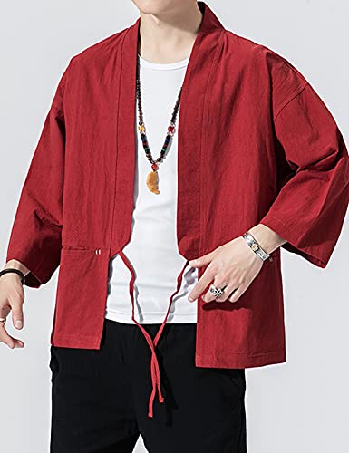 Uaneo Mens Cotton Linen Open Front Lightweight Casual Kimono Cardigan Jacket (Wine Red, L) #TOP2