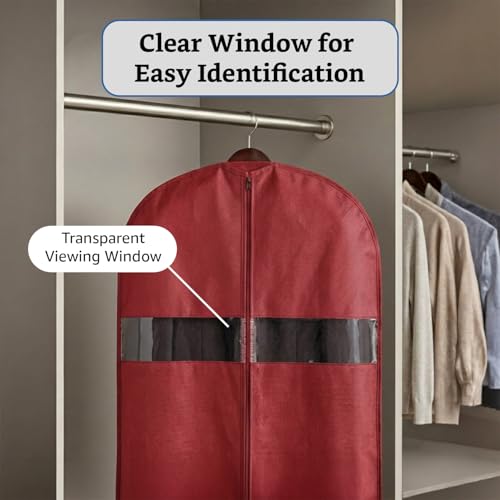 Image of Amazon Basics Non-Woven Suit, Coat, Jacket Cover | 120 GSM | Clear Window | Long Zip | 40 x 24 Inches | Pack of 5 (Maroon)