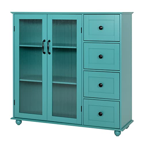 Luckwind Sideboard Buffet Cabinet, Kitchen Cupboard Bar Storage Cabinet With 2 Tempered Glass Doors & 4 Drawers, Buffet Server, Console Table For Dining Room Living Room And Entryway, Green #TOP7