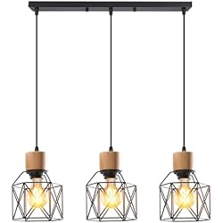 Aliexpress Lamparas Nordicas iDEGU Lampara Techo Colgante 3 Luces Vintage Iluminación de Techo de Madera Metal Lámpara de Araña Estilo Jaula Nórdico Lámpara Colgante para Dormitorio Salón Cocina Comedor (Madera, Barra, Negro)