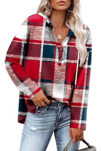 RUMIA Ugly Christmas Sweatshirts for Women V Neck Long Shirts Casual Plus Size Winter Red Sweater Plaid XL