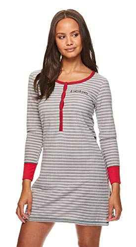 bebe Womens Long Sleeve Waffle Henley Nightgown Lounge Pajama Dorm Sleep Shirt Grey Large