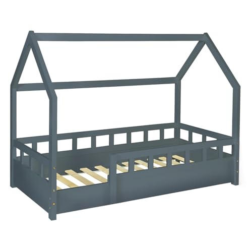 IDMarket - Letto capanna per bambini 80 x 160 cm NEREE Grigio con rete e barriere