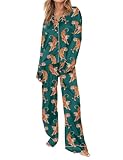 SHESHOW Satin Pajama Set for Women Long Sleeve Button Up Sleepwear 2 Piece Tiger Print Pjs for Womens Pajamas Green M
