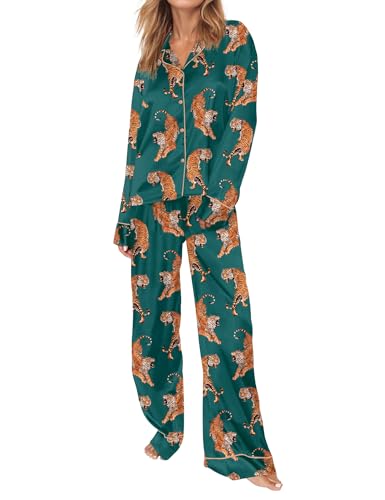 Image of SHESHOW Satin Pajamas Set for Women Set Long Sleeve Button Down Pjs Sets 2 Piece Loungewear Animal Sleepwear XS-XXL