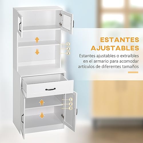 Miniatura 4 de Homcom Alacena De Cocina Mueble Buffet De Cocina Con 4 Puertas Cajón Y Estantes Ajustables Para Salón Comedor Estilo Moderno 60x38x161 Cm Blanco