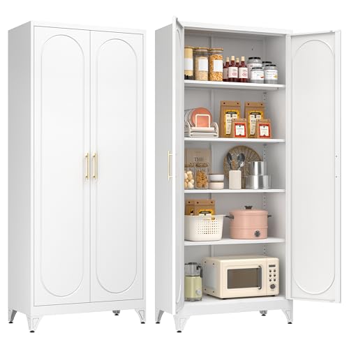 Metal Storage Cabinet with Doors and Shelves, 75 Inch Tall Kitchen Pantry Cabinet, Pantry Cabinets for Kitchen Storage, Freestanding Cupboard for Living, Dining Room, White, Assembly Require