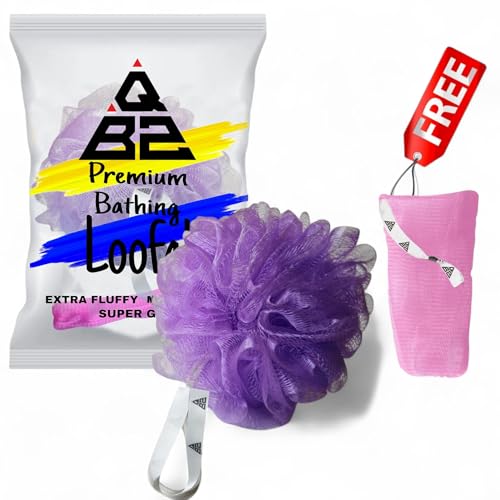 Image of QBZ Large Bath Loofah Sponge Scrubber Exfoliator for High Lather Cleansing (PURPLE, 1 Count (Loofah Pauch& Loofah))