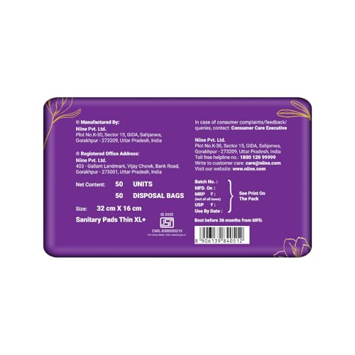 Image of NIINE Dry Comfort Ultra Thin XL+ Sanitary Napkins for Heavy Flow (Pack of 3) 150 Pads with Free Biodegradable disposable bags
