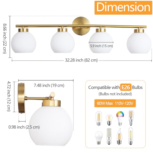 Image of 4 Light Bathroom Vanity Light, Gold Bathroom Light Fixtures Over Mirror, Mid Century Modern Wall Light with Frosted Globe Glass Shades, 32 inch Brass Vanity Lights, E26 Socket