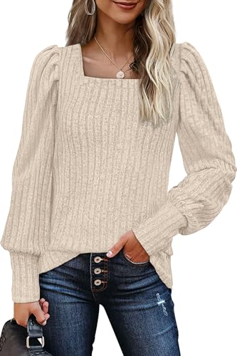 WIHOLL Long Sleeve Shirts for Women Trendy Casual Square Neck Tops Lightweight Sweaters2