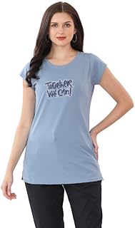 Lango Cotton Long T-Shirt for Women, Casual Printed Design, Comfortable Fit, Crew Neck Tshirt for Women, Casual T Shirt