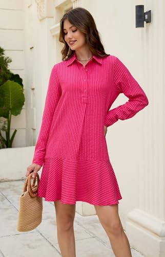 Image of EZAPINE Womens Striped Shirt Mini Dress Long Sleeve Collared Ruffle Hem Button Up Tunic Flowy Swing Dresses