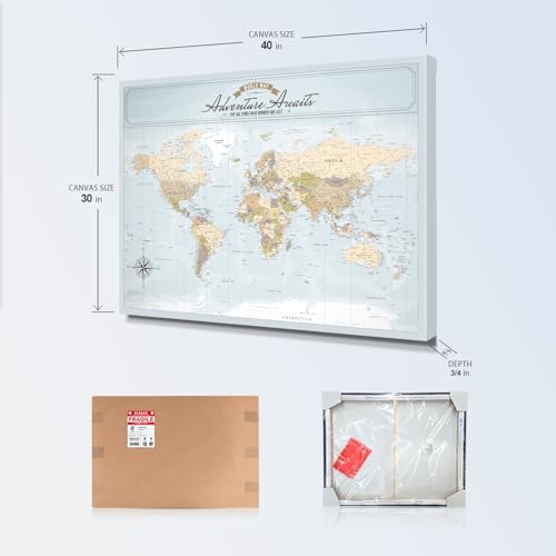 Image of IPIC - Blue Ocean World Map Pin Board Canvas Wall Art, Travel Map with Pins Included, Ready to Hang for Home or Office 40x30 Inch