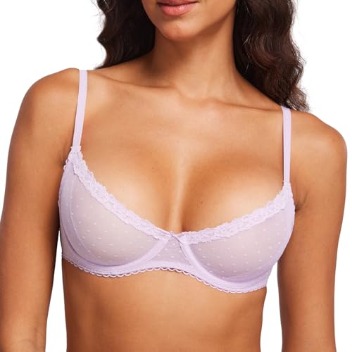 Image of DOBREVA Women's Sheer Mesh Demi Bra Underwire Balconette | Dotted Mesh, Lace Trim, See Through, Plus Size, Smooth, Soft