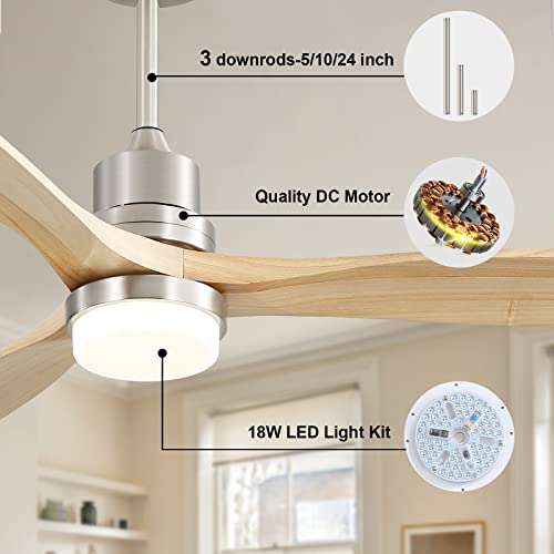 Caci Mall 52 Inch Ceiling Fan With Light Remote Control Dimmable Led Light 3 Wood Fan Blades Reversible Dc Motor Modern Farmhouse Ceiling Fan With 3 Downrods #TOP3