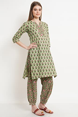 Image of COTLAND Fashions Jaipuri Cotton Straight Kurta And Afghani Salwar Suit Set For Women (Lush Lace), Green