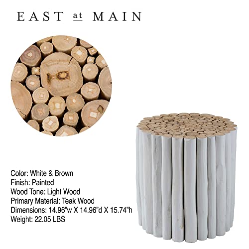 Teak Wood Side Table - 14.96”W X 15.74”H Round Table For Home, Office, Living Room, Farmhouse - Circular Tree Branch Bedside Nightstands, End Table Modern Furniture In White Brown Finish, Handpainted #TOP2
