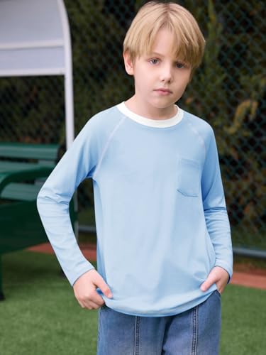 Haloumoning Boys Shirts Kids Long Sleeve Crewneck T Shirts Casual Fall Tops Tees with Chest Pocket 5-14 Years2