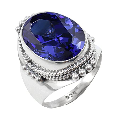Fine Sterling Silver Ring For Womens & Girls Blue Sapphire Ring Sterling Silver Statement Ring September Birthstone Bezel Set Gemstone Ring #TOP9