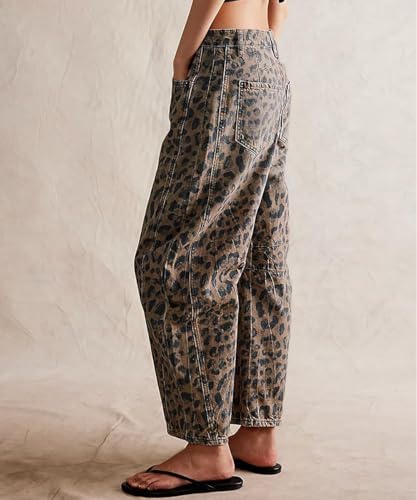Mid Rise Leopard Print Barrel Jeans for Women Stylish Boyfriend Wide Leg Baggy Denim Pants Trendy Printed Pants3