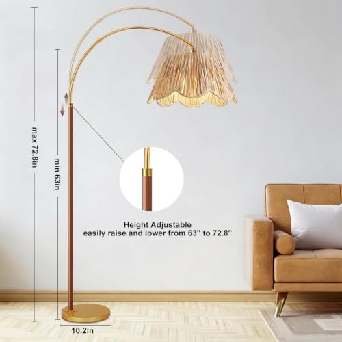 Image of Vintage Arc Floor Lamps for Living Room Farmhouse Wood Floor Lamp with Remote Control,Dimmable Rattan Floor Lamp Boho Standing Lamp with 3 Color Temperature Wicker Tall Floor Lamp for Bedroom Corner