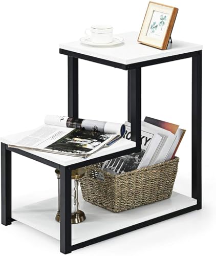 Image of 3 Tier Sofa Side Table, Modern Coffee Table Nightstands with Metal Frame and White MDF Desktop for Living Room Bed Room Decor (Black White)