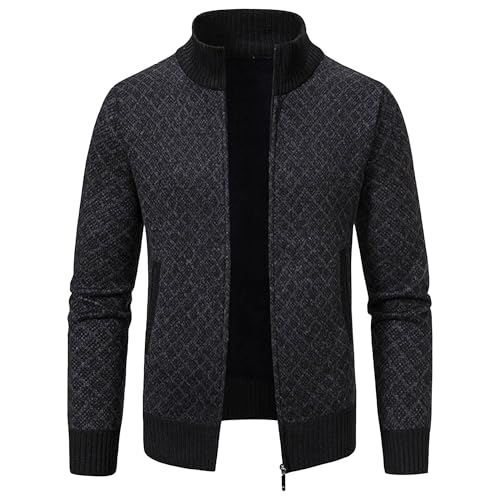 Mens Pull Rope Hooded Outerwear Diamond Check Pattern Sweater Winter Warm Comfortable Zipper Cardigan