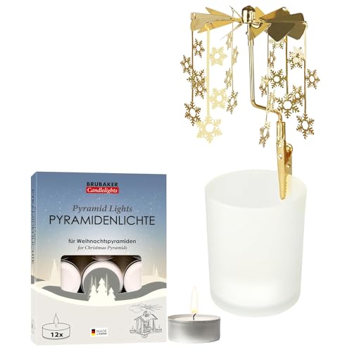 BRUBAKER Teelichtkarussell Schneeflocken inkl. 12er Pack Pyramiden...