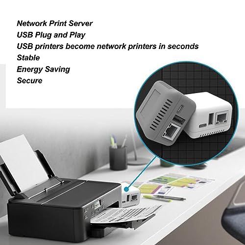 Print Server, LAN USB 2.0 Printer Server Adapter, 1 Port N USB 2.0 Network Print Server with Type C and USB Port for for Linux 3.4 (US Plug)