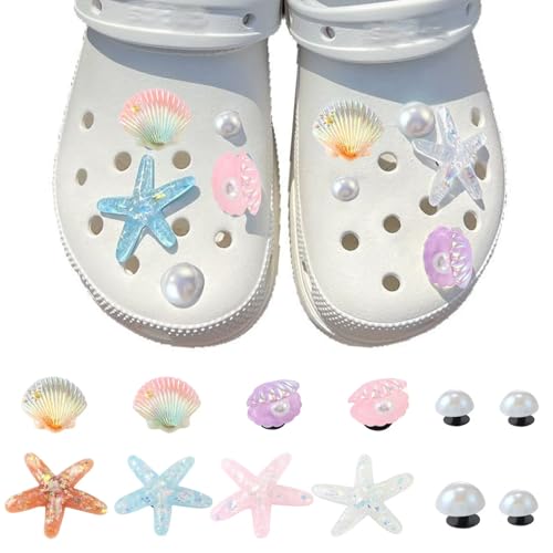 ZXTGBQ 12 Pcs Charmes de Chaussure, Décorations de Chaussures de Dessin Animé, Coquillages IriséS, éToiles De Mer, ThèMe Plage, Cadeaux de D'anniversaire,...