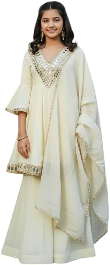 Traditional Cosmos Gold Jari Silk Salwar Kameez South Indian - Half Sleeves - for Baby Girls & Kids