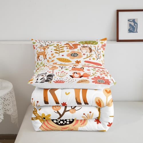 Image of Feelyou Kawaii Animals Comforter Twin Size Bedding Set for Kids Children Cute Fox Woodland Raccoon Wildlife Print Bedding Set Flower Leaves Quilt Duvet Set Colorful Toddler Bedroom Decor