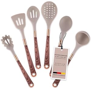 STEINBOCKER Premium Küchenutensilien – Küchenhelfer Set aus hochwertigem Silikon – einzigartiges Design in Holzoptik – spülmaschinenfest und hitzebeständig – Kochutensilien Set – Kochbesteck Set