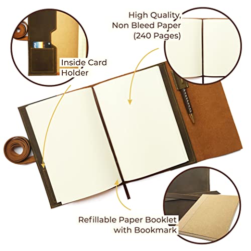 Leather Bound Journal for Men and Women, Handmade Gift Set with Refillable Journal and Stylish Pen, Vintage Notebook, Sketchbook, Planner and Diary (240 Plain Page Notepad) (8.8x6.5\") - Thumbnail 4