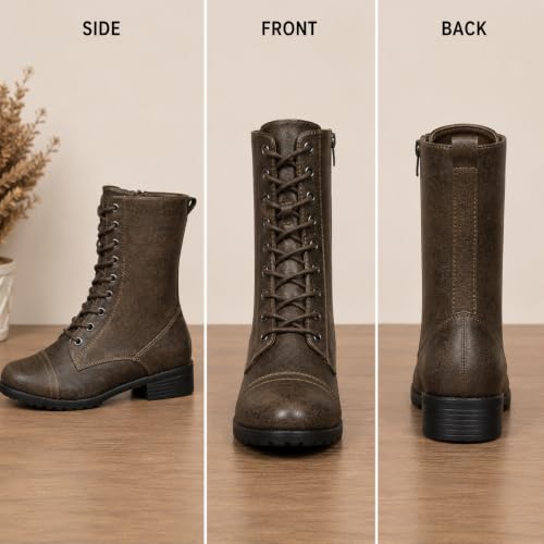 Image of Forever Link Womens Round Toe Military Lace Up Knit Ankle Cuff Low Heel Combat Boots