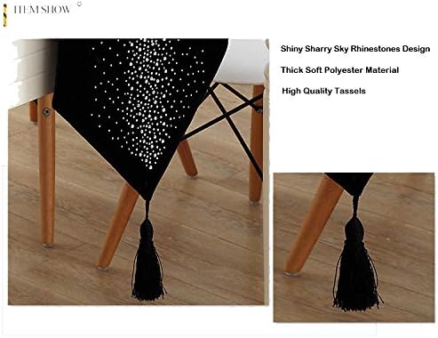 Shiny Bling Rhinestones Black Thick Polyester Deco Tassels Wedding Party Hotel Restaurant Bed Table Runner Cloth (13inch x 80inch)