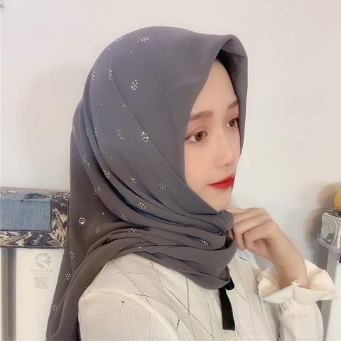 HJS موضة حجر الراين الساخن حزمة الحجاب أربعة مواسم شال الحجاب اللؤلؤ الشيفون البولكا نقطة حجر الراين الساخن الإناث هوي وشاح كبير شال رمادي غامق